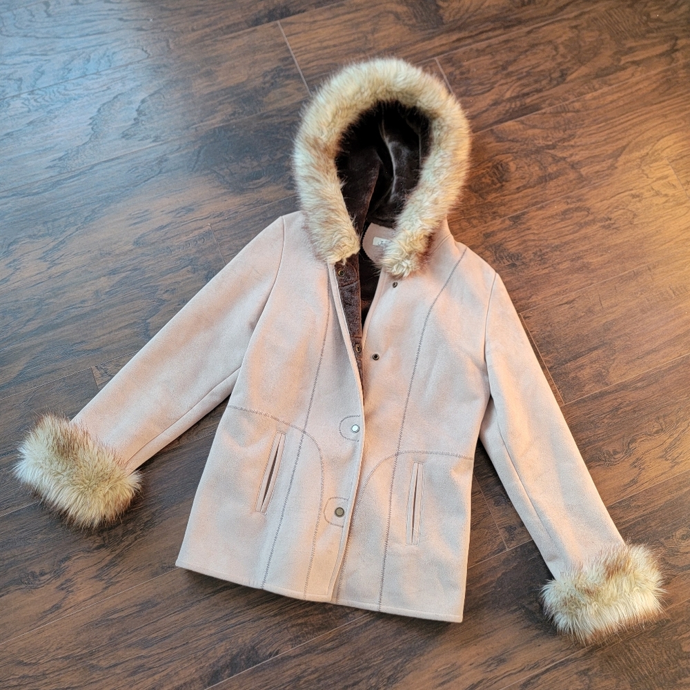vintage y2k faux suede fur hooded jacket coat anorak hippie boho afghan winter